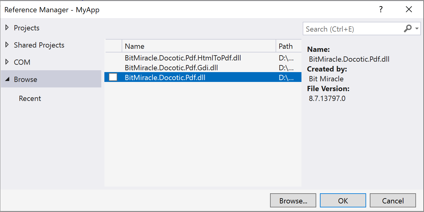 Adding Docotic.Pdf using the Add Reference
dialog