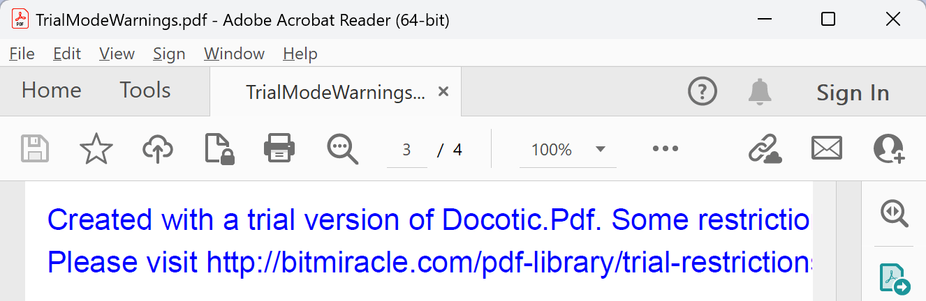 The Docotic.Pdf evaluation warning for generated pages