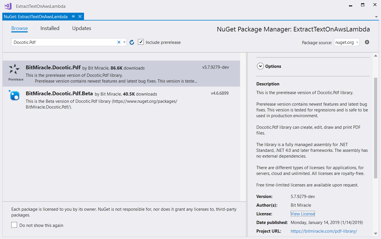 Add Docotic.Pdf NuGet package